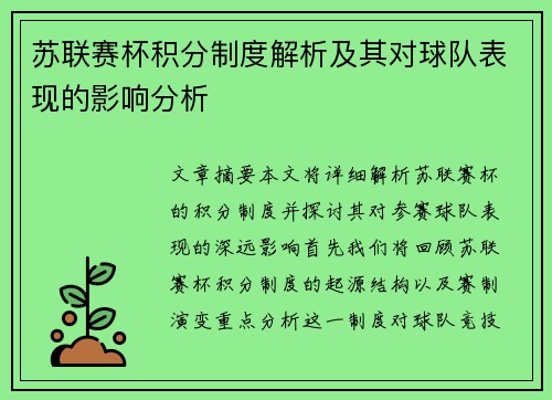 苏联赛杯积分制度解析及其对球队表现的影响分析